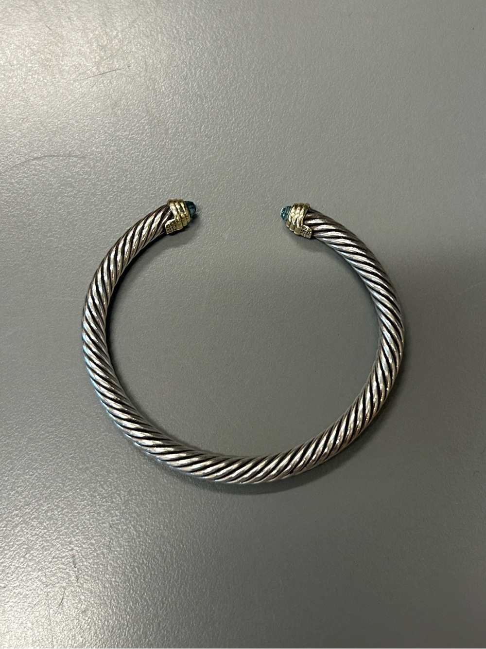 David Yurman Silver Cable Cuff Bracelet with Gold Terminals and Blue Accents